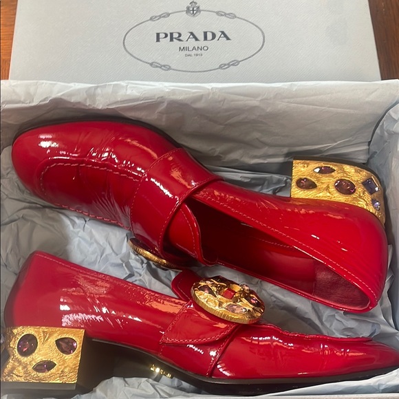 Prada Women's Red Patent Leather Loafers with Gold Accents - Picture 2 of 16